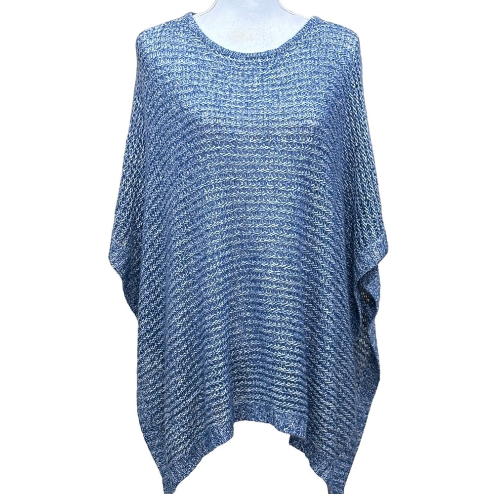 Neiman Marcus Cashmere Linen Poncho Blue White Oversized S/M Quiet Luxury Travel